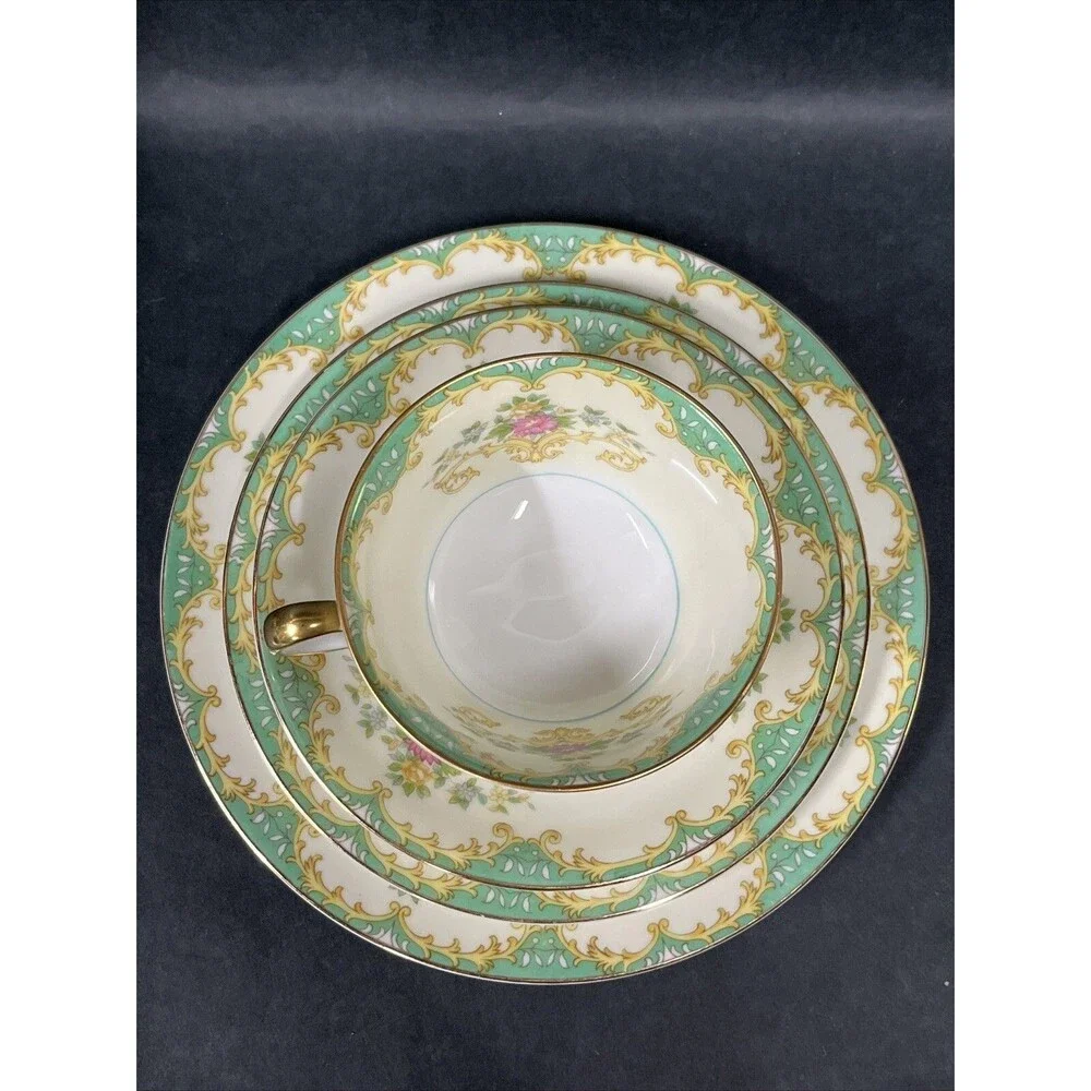 1930s Noritake Tiffany M Teacup Saucer Plate 4 Pc Set Gold Trim Ivory Aqua Beige